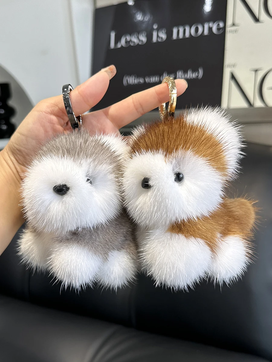 New Real Mink Fur Cute Dog Doll Puppy Keychain Pendant Toys Keyring Handbag Charm Ornament Pompom Plush Jewelry Gifts