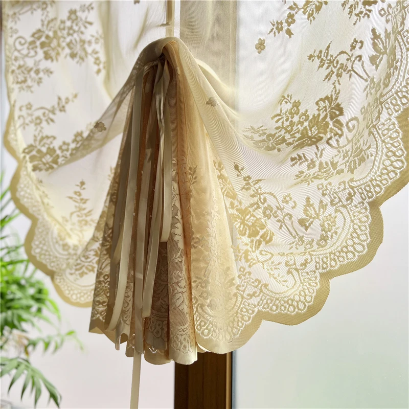 Korean Pastoral Flower Sheer Lace Balloon Curtain Golden Tie-up Lift Window Tulle Curtain For Living Room and Kitchen Home Decor