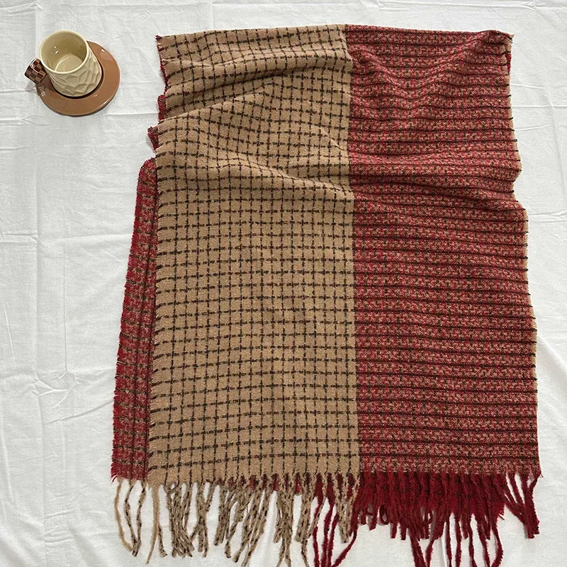 2023Winter New Artistic Color Block Imitation Cashmere Plaid Women's Scarf Soft Layered Plaid Shawl CoupleDouble sided Warm Neck