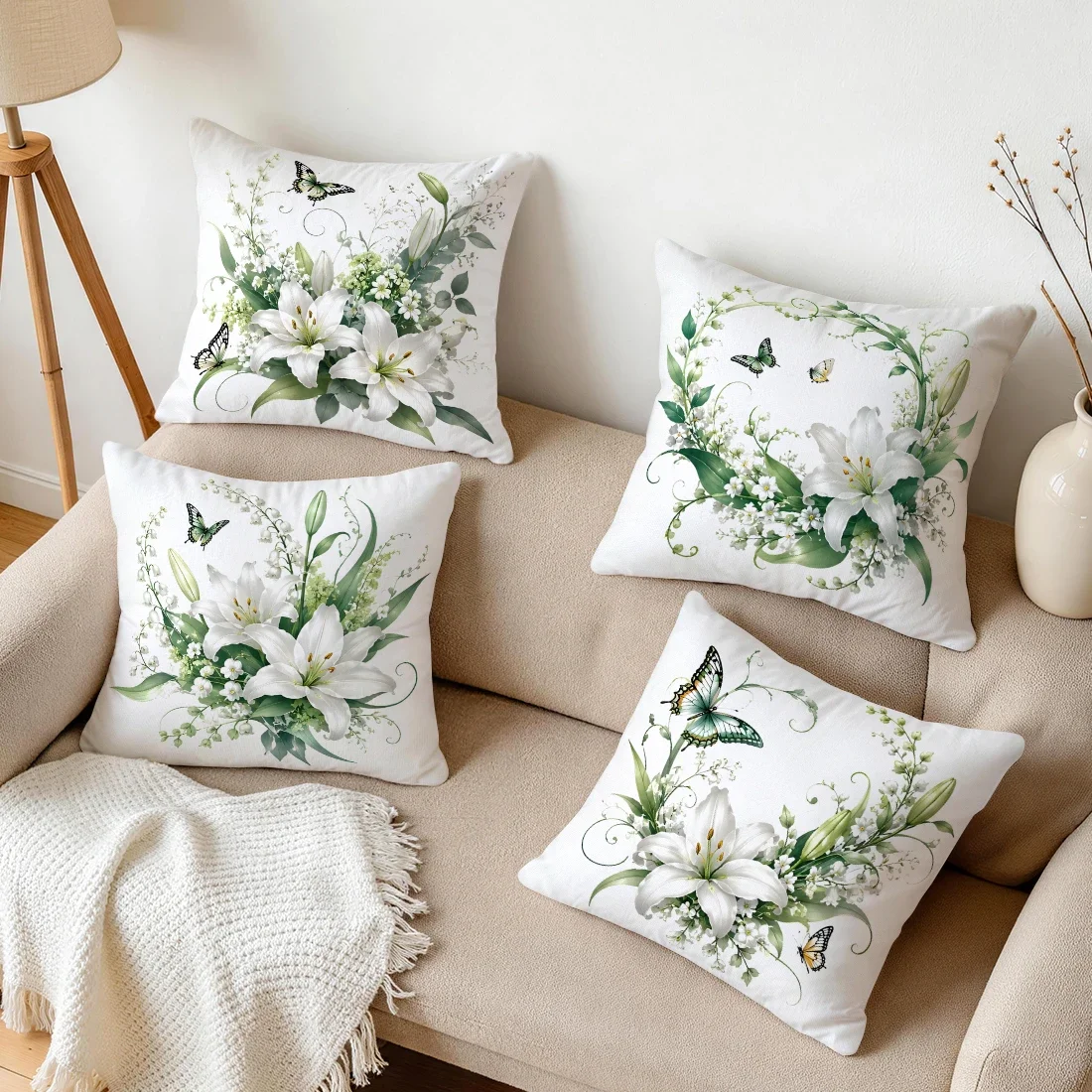 Watercolor White Lily Butterfly Cushions Pillowcase Polyester Cushion Cover Throw Pillow Pillowcover Home Car Sofa Decor