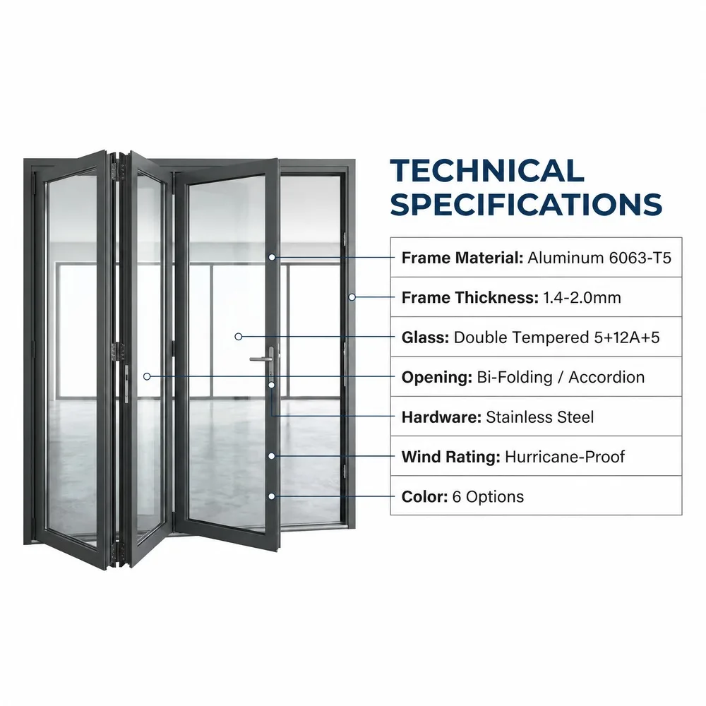 Hurricane Impact Energy Saving Bifold Door Soundproof Exterior Aluminum Glass Folding Patio Doors