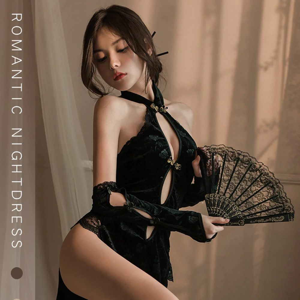 Erotic Lingerie High Slit Dress Black Cheongsam Uniform Retro Sexy Deep V Open Chest Backless Side Slit Hollow Qipao Pajamas Set