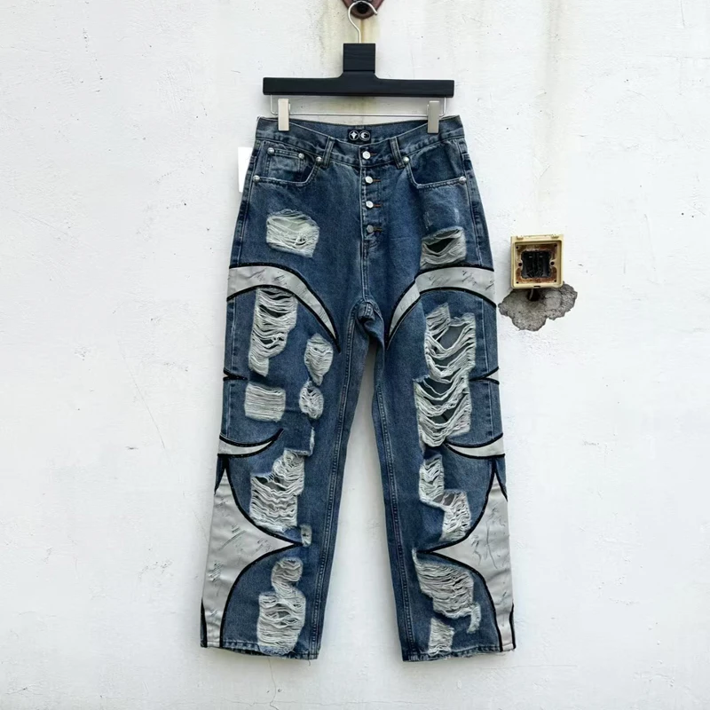 

Thug Club Hole Damaged Jeans Splice Leather Loose Straight Pants Men Women High Quality Blue Casual Denim Trousers Pockets Tag