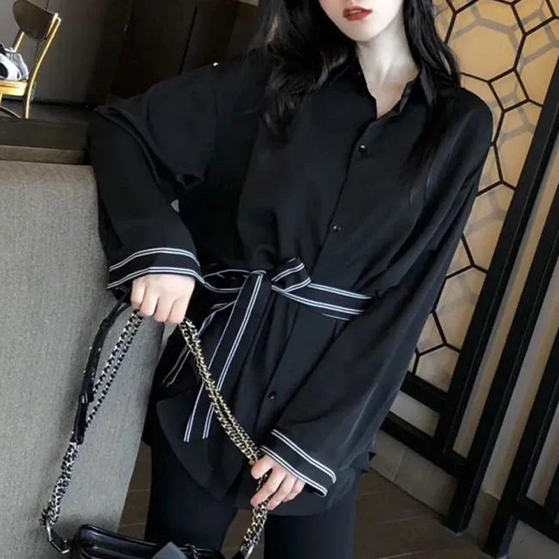 Women Korean Fashion Lace Up Chic Elegant Shirts Casual Streetwear Oversized Harajuku Blouses Female Y2K Solid Long Sleeve Tops