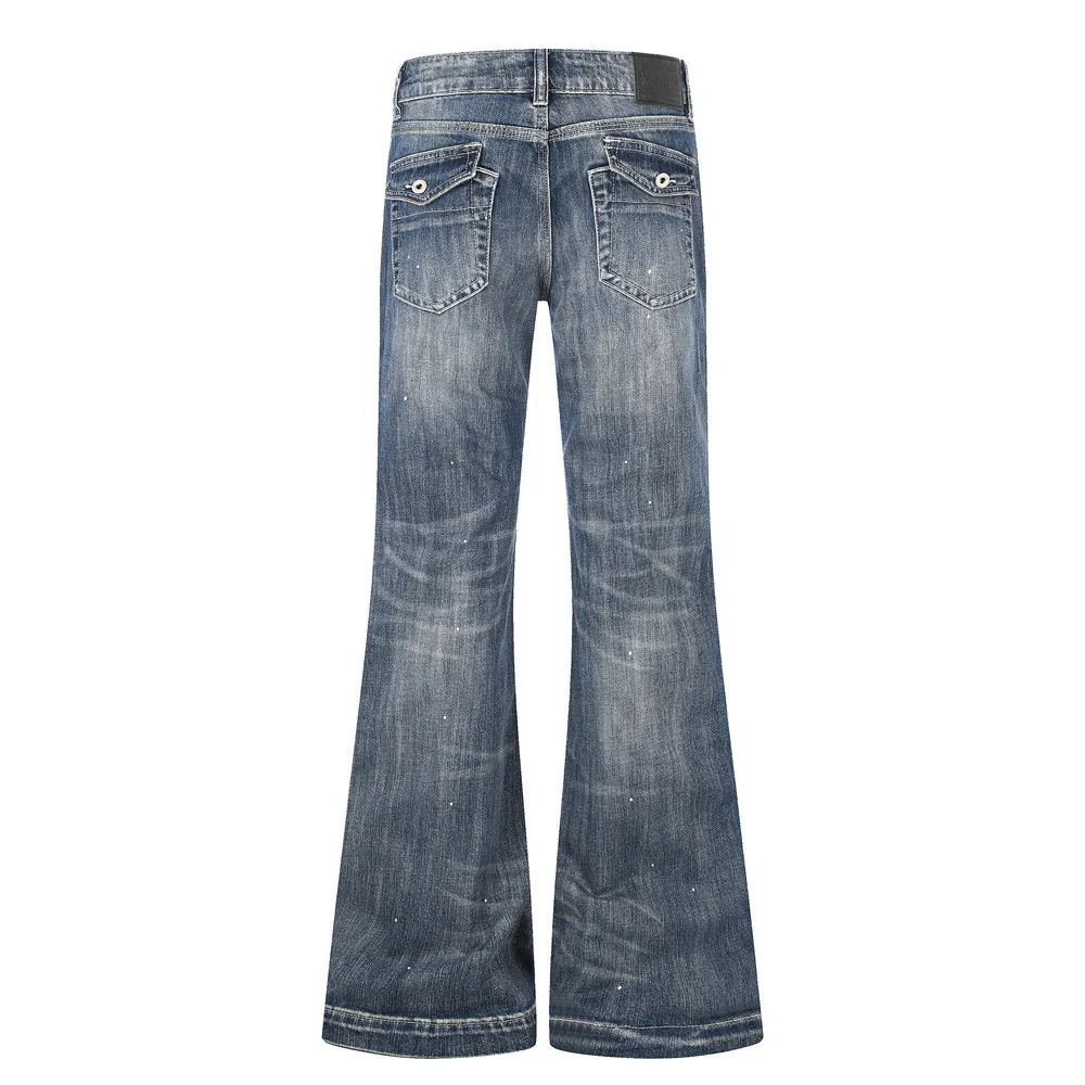 MWJLPWQ Punk Washed Distressed Flared Jeans For Men Hippie Trend Vibe Style Paint Splatter Ripped Wide-Leg Design Trousers 17511