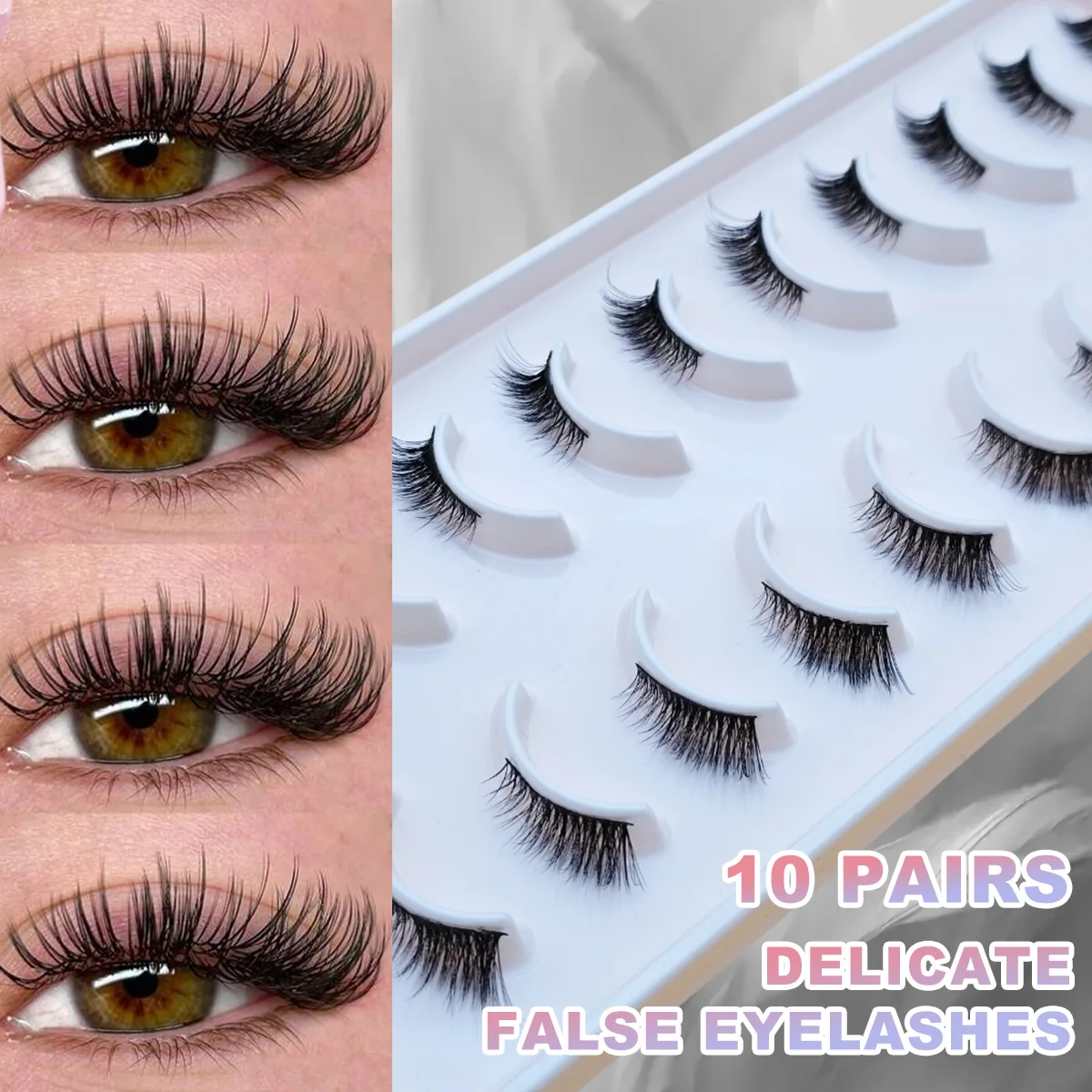 10 Paar halb natürliche Katzenaugen-Wimpern, C-Locken, kurze falsche Wimpern, dünneres Band, 3D-Volumen-Wimpern, natürlicher Look