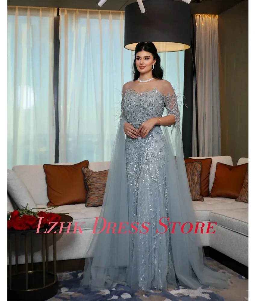 Maßgeschneiderte exquisite Organza A-Linie Pailletten Applikationen Abendkleid Temperament lange Ärmel O-Ausschnitt maßgeschneiderte Anlasskleider