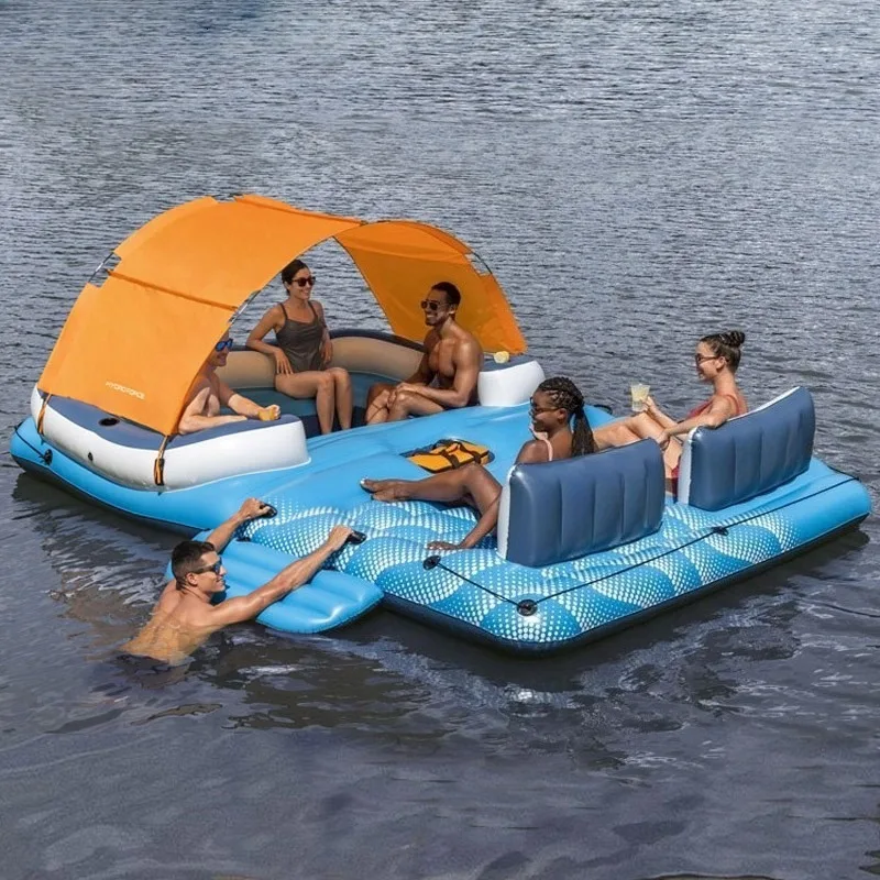 Large Inflatable Floating Island With Sun Canopy Multi‑Person Adult Water Raft For Sea Pool Lake Home Water Leisure Activities