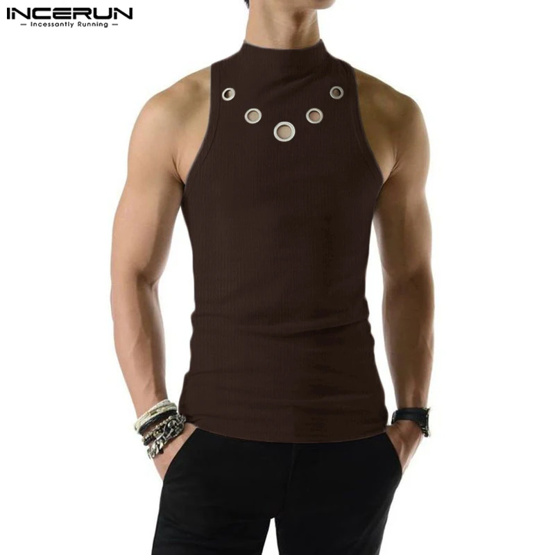 INCERUN Fashion Men Tank Tops Hollow Out Solid Turtleneck Sleeveless Male Vests Streetwear Summer 2023 Casual Men Clothing S-5XL