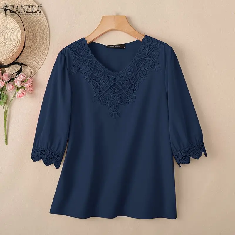 2025 ZANZEA Summer Women Tops Elegant Office Work Shirt Stylish V Neck Lace Patchwork Blouse Casual Half Sleeve Blusas Oversize