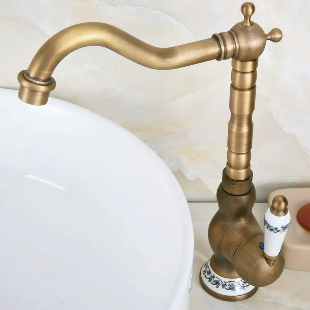 

Antique Brass Kitchen Wet Bar Bathroom Vessel Sink Faucet Single Hole Swivel Spout Mixer Tap anf610