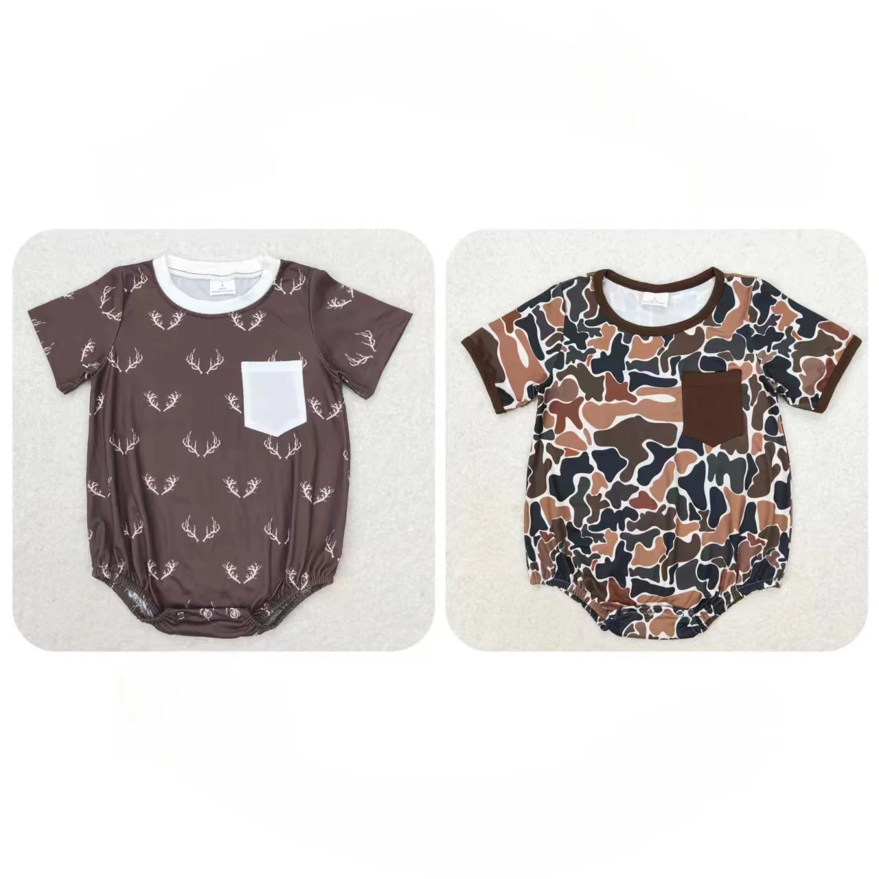 Wholesale Baby Boy Deers Camo Brown Romper Toddler Newborn Summer Short Sleeves Pocket Infant Kids Children Bubble Clothing