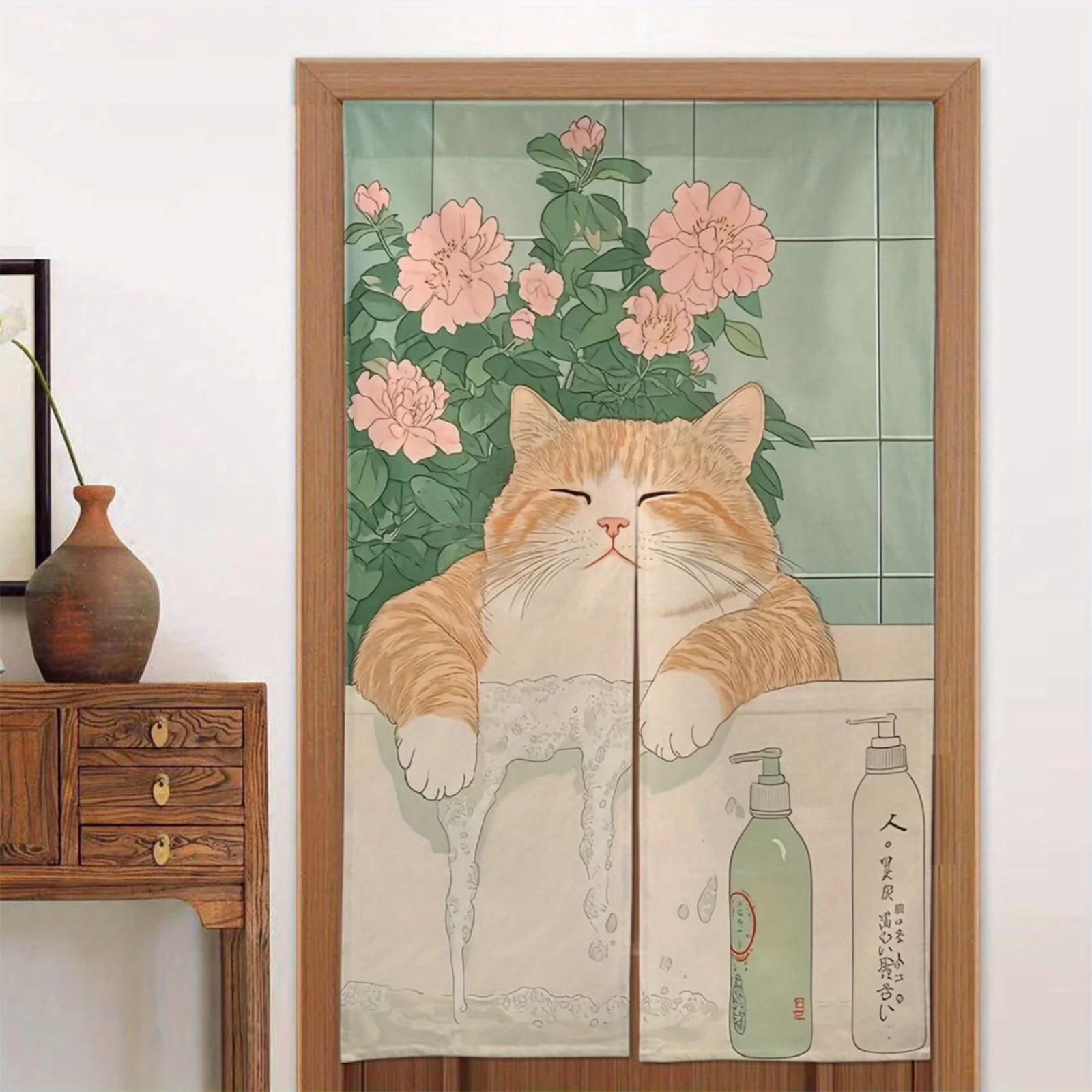 

Japanese Linen Noren Curtain Cute Cats Pink Flowers Design for Entrance Hallway Bathroom Bedroom Indoor Outdoor All Seasons