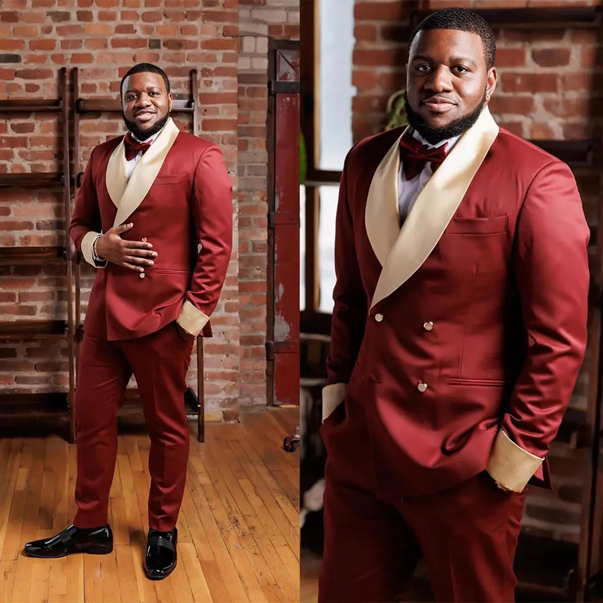 

Red Satin Men Suit 2 Pieces Business Blazer Pants Double Breasted Lapel Wedding Groom Work Wear Party Causal Tailored Set