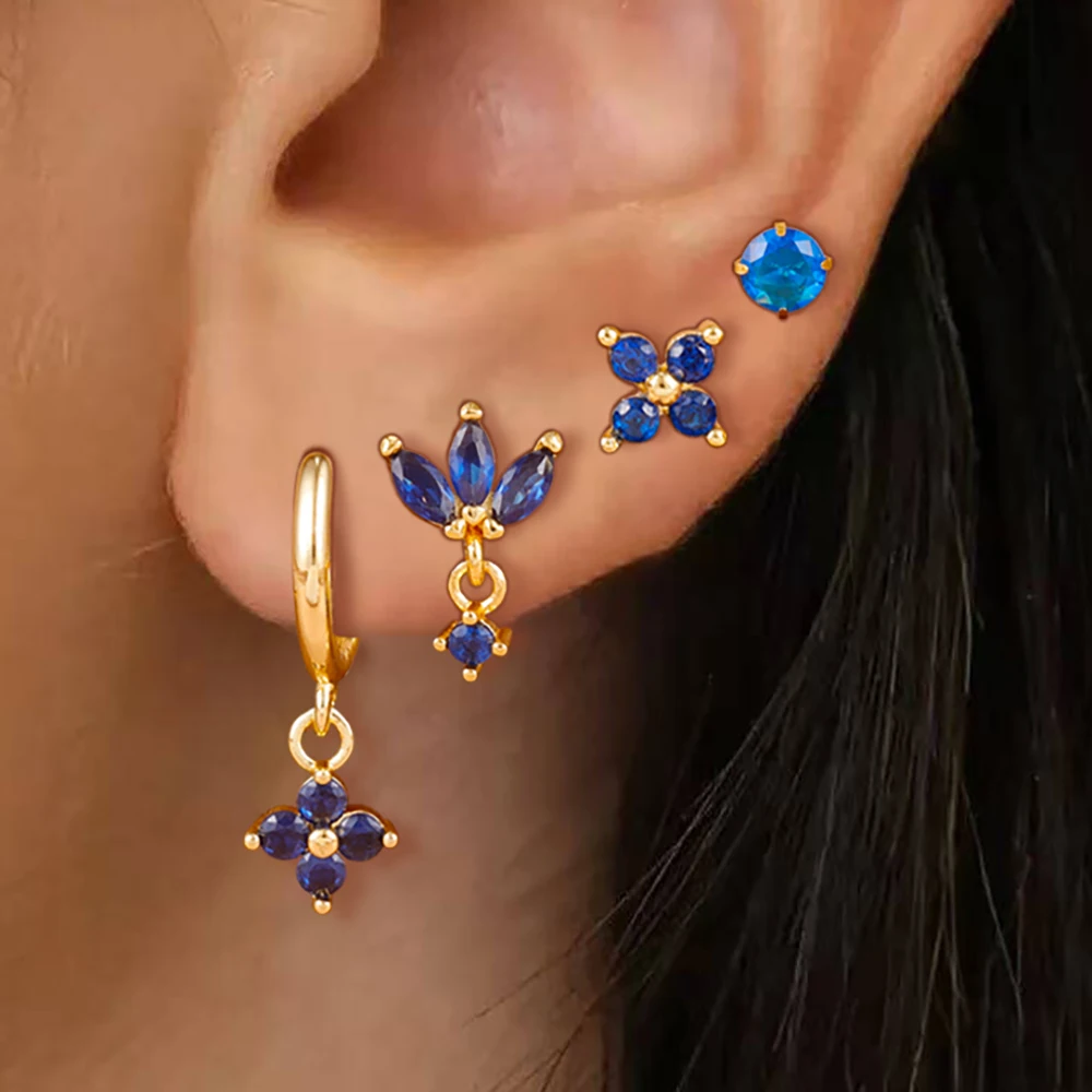 4-teiliges/8-teiliges Zirkon-Blumen-Anhänger-Ohrring-Set für Damen, Edelstahl, modische runde Ohrstecker, hypoallergen, Schmuck für den täglichen Gebrauch
