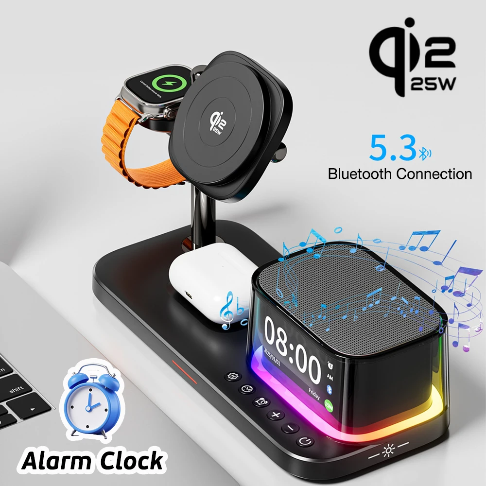5 in 1 Bluetooth 5.3 Speaker Qi2.2 25W Magnetic Fast Wireless Charger with Alarm Clock For iPhone 17-12 Apple Watch Airpods Pro