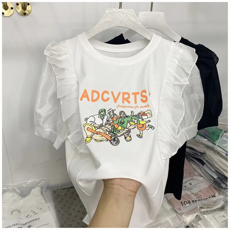 Korean Style Lace Patchwork Cotton T-Shirts Womens O-neck Delicate Cartoon Fairy Print T-shirt Ladies Pink Short Sleeve Tees Top