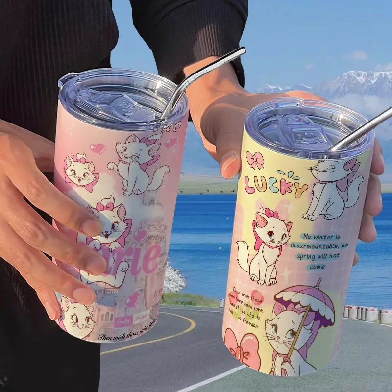 Disney Marie Cartoon Girl Heart Stainless Steel Insulated Straw Coffee Cup Student Portable High-Looking Cup Best Friend Gift