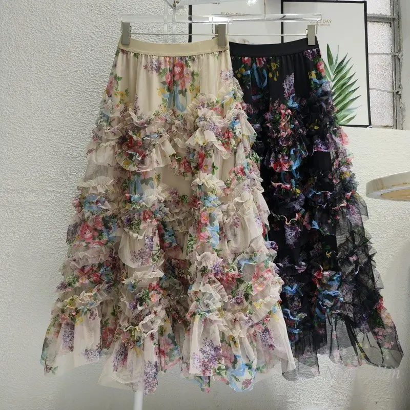 Irregular Stitching Color Flower Mesh Skirt Women\'s 2023 Summer French Style Fairy Temperamental A- Line Long Skirts Street
