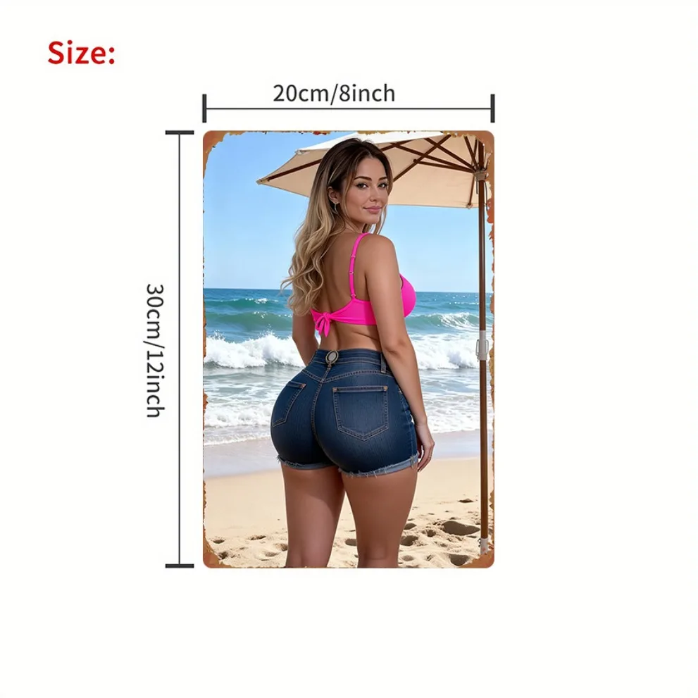 Retro Beach Woman in Pink Bikini Top & Denim Shorts Metal Tin Sign, Vintage Aluminum Wall Art Decor, High Definition Durable Iro
