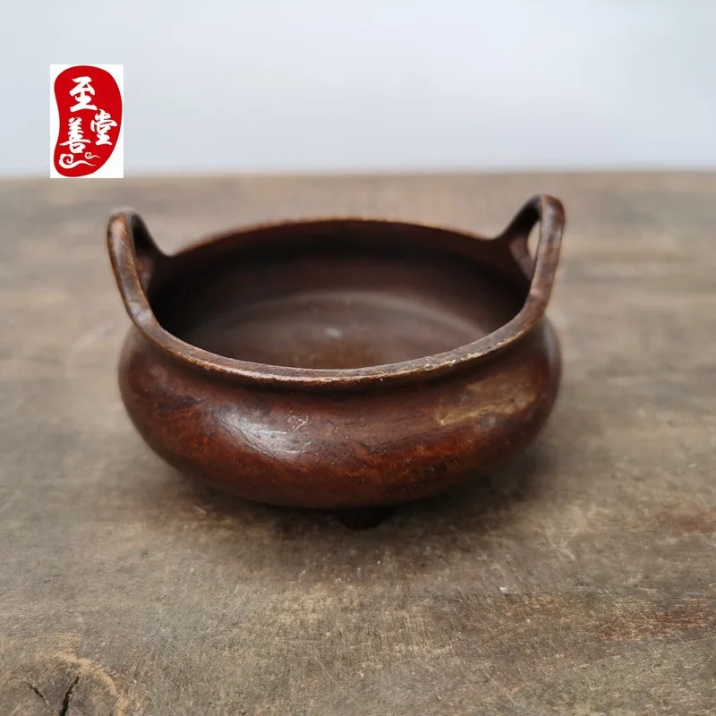Antique Collection: Old Patina Alloy Copper Living Room Decorative Ornament - Xuan De Double-Eared Incense Burner6x3CM