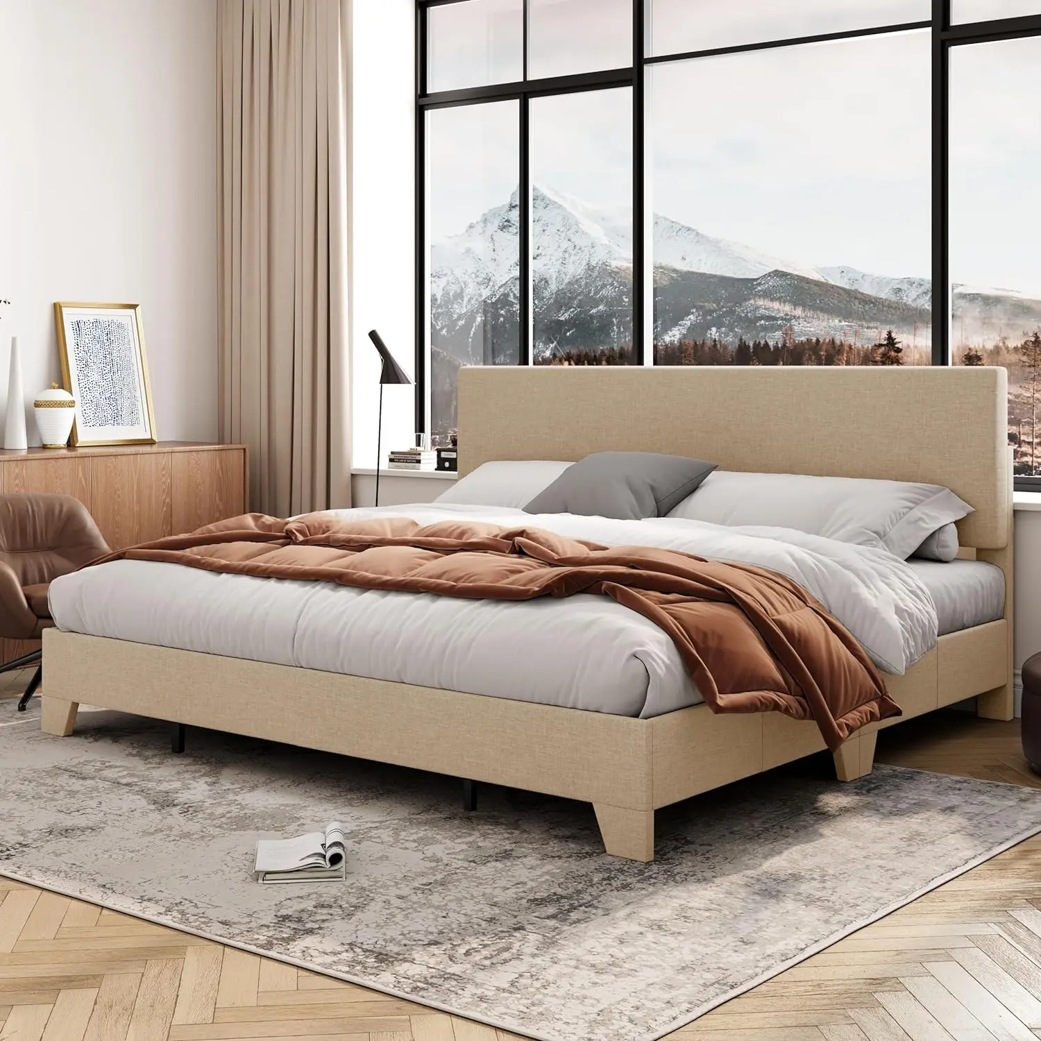 

King/Queen/Full Platform Bed Frame w/ Adjustable Upholstered Headboard,Strong Wood Slats,Heavy Duty Mattress Foundation