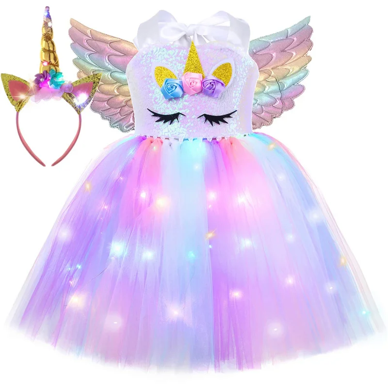 Girls Unicorn Dress LED Light Up Birthday Party Tutu Princess Dress Outfit Halloween Christmas Unicorn Costume for Kids Clothes