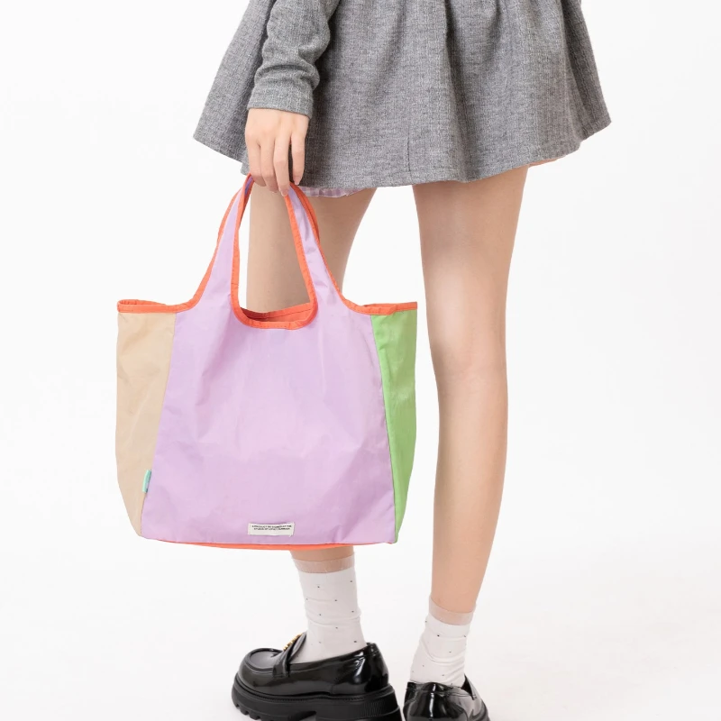 

Foldable Portable Basket Bag Color Blocked Nylon Large Tote Bag,, Multifunctional Large Capacity Shopping Bags