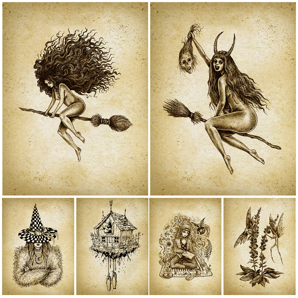

Broom Witch,Mermaids,Elves Vintage Wall Art Canvas Painting Mysterious Witchcraft Art Poster And Print For Living Room Decor