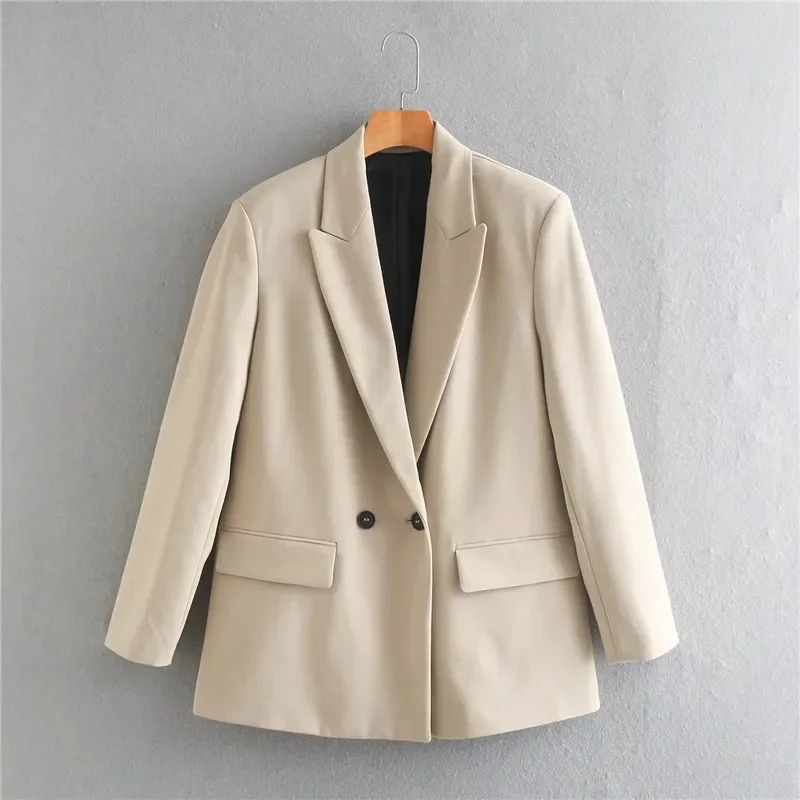 Women Fashion Office Lady Double Breasted Blazer Vintage Coat Casual  Notched Collar Long Sleeve Ladies Outerwear Stylish Tops