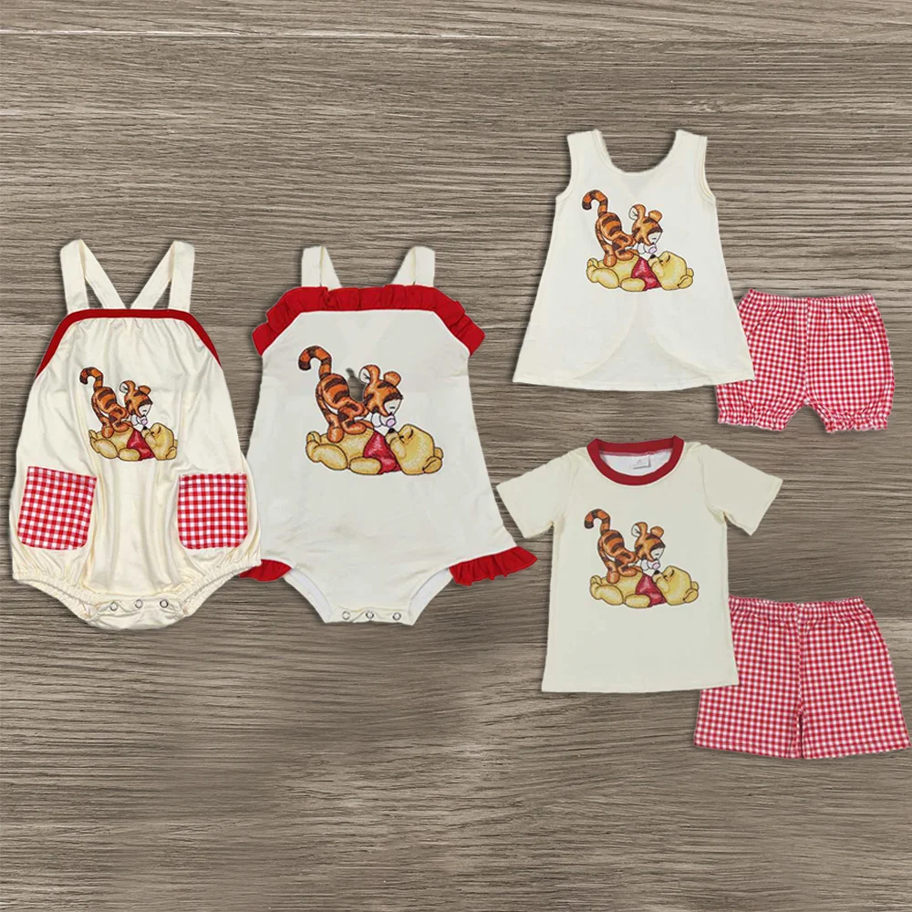 

New Fashion Match Baby Boys Girls Bear Tiger Short Red Checkered Shorts Clothes Sets Romper Wholesale Boutique Children Suit
