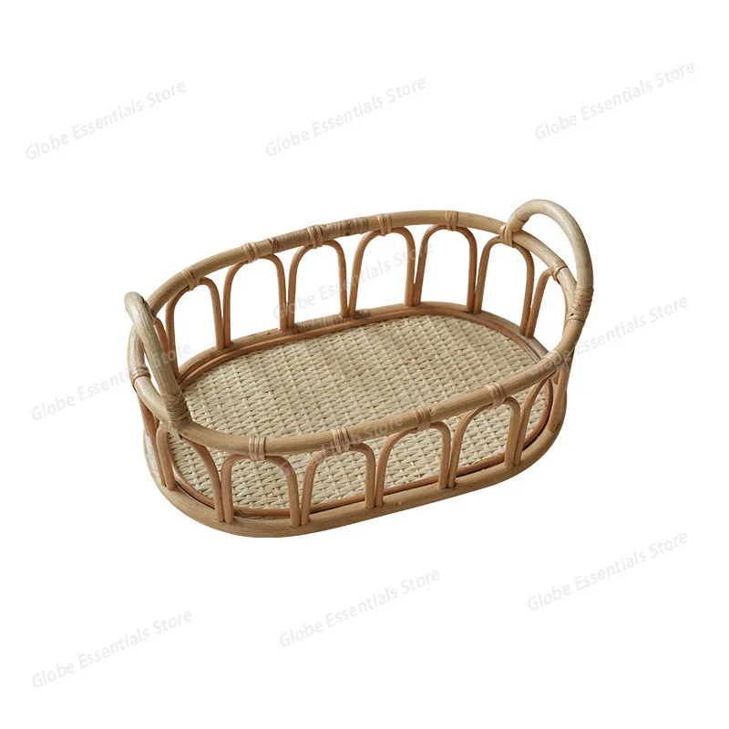 Rattan Basket with Handles Handmade rattan Desktop Coffee Bread Cake Tray Organizer Storage basket for Cosmetics Sundries