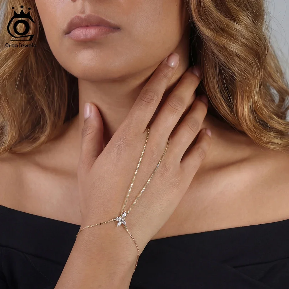 

ORSA JEWELS S925 Silver Ring Bracelet Hand Chain for Women with Shiny Cubic Zirconia Dainty Stackable Link Chain Jewelry APV01