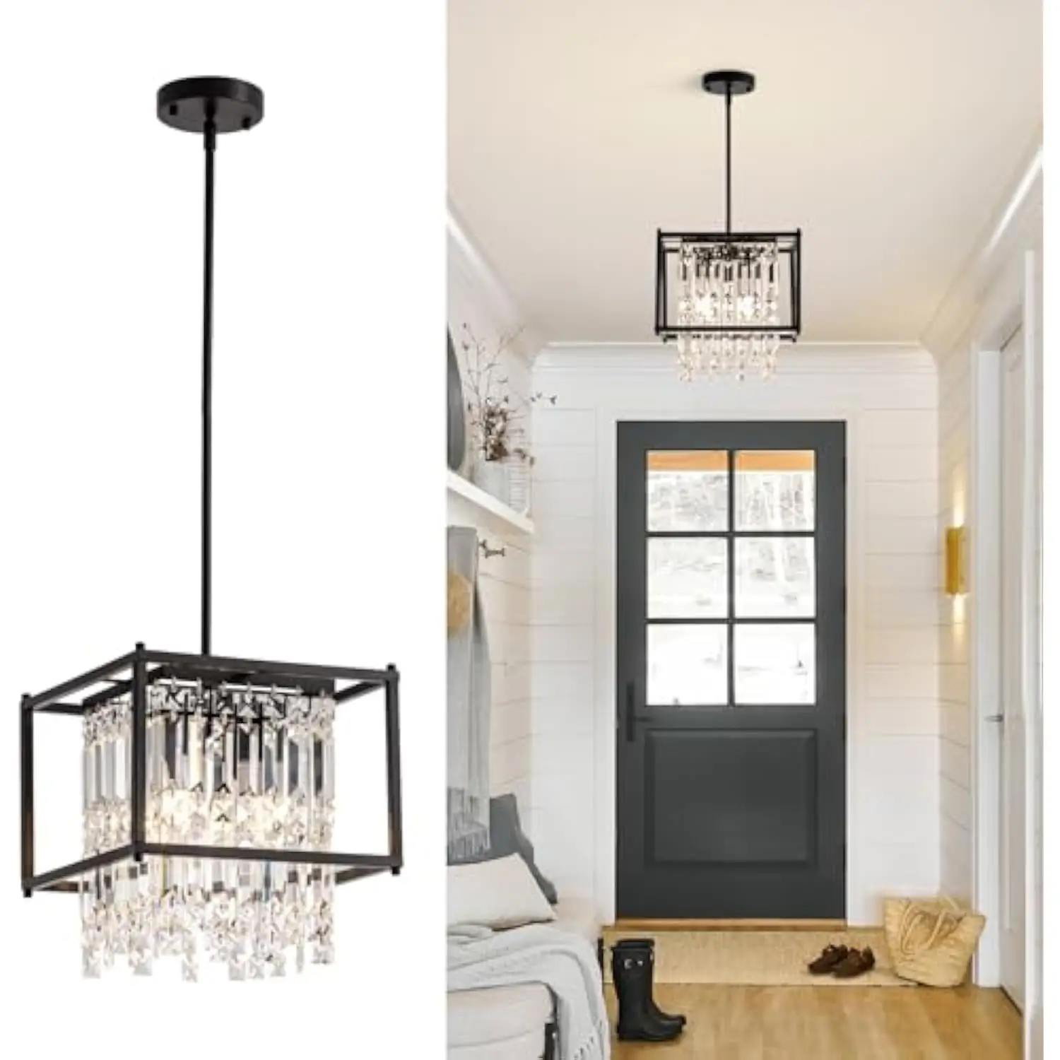 

11.81 Modern Small Chandelier, Black Hanging Pendant Light Fixtures, Square Raindrop Crystal Chandeliers for Dining Room Kitch