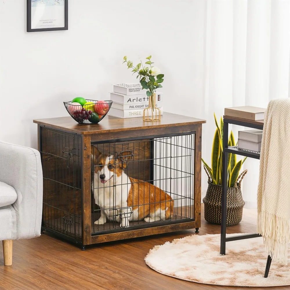 

Dog Crate Furniture with Cushion, Wooden Kennel Table with Double Doors, Indoor Dog House, Medium Size, 32.5" L, Rustic Brown