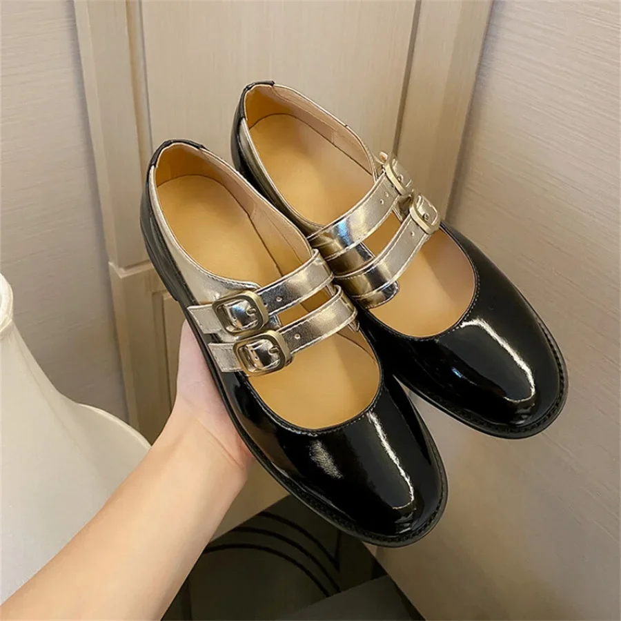 

Fashion Round Toe Zapatos Mujer Buckle Strap Patent Leather Shoes Mixed Colors Chunky Heels Sapato Feminino Brand Design New