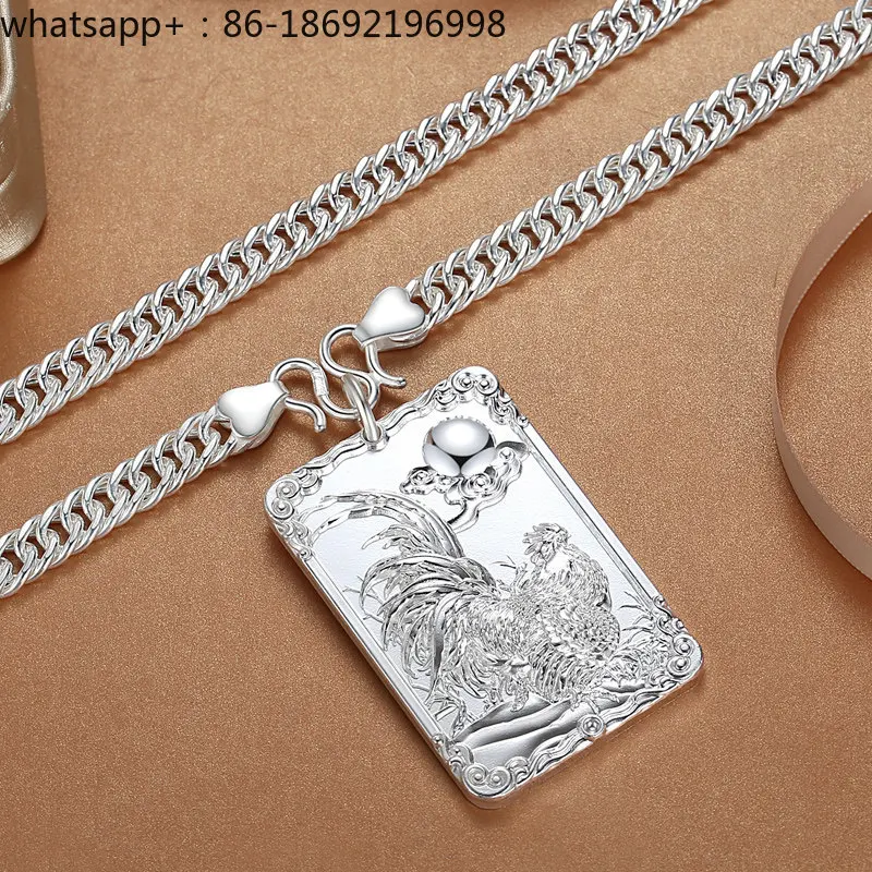 Zodiac Chicken Pendant Male 999 Sterling Silver Solid Silver Pendant Necklace
