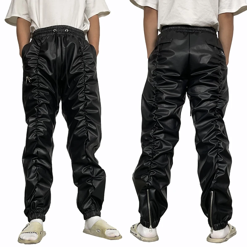 25SS Streetwear THUG CLUB Metal Logo Pu Leather Pants Men Women High Street Hip Hop Wrinkle Style Slim Leather Pants