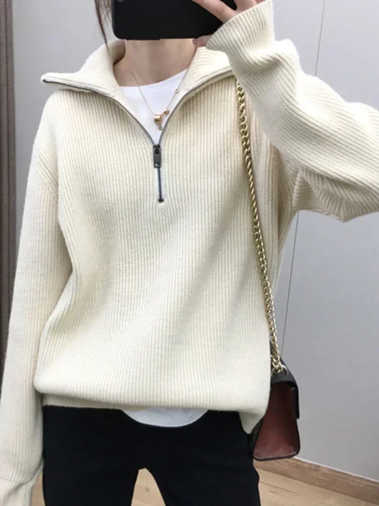 Women Sweater Oversize Zipper Knitted Pullover Long Sleeve Solid Color Loose Ladies Sweaters Autumn Winter Women\'s Turtleneck