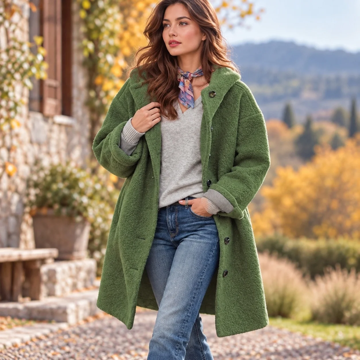 Casual Button Front Loose Fit Coat with Notched Lapel Long Sleeve Regular Sleeve Medium Weight Long Length Autumn Women Coat