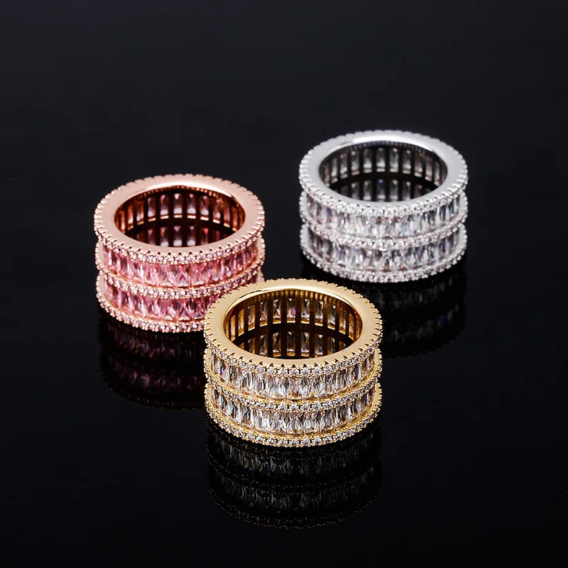 Iced Out CZ Ring Men Hip Hop Jewelry Full Pave Rectangle Zircon Stone Wide Band Ring Streetwear Fashion Accessories