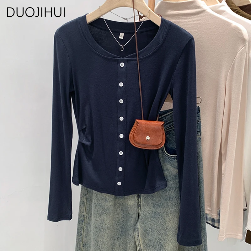 DUOJIHUI Yellow Classic O-neck Simple Casual Women T-shirts Autumn Chic Button Pure Color Basic Long Sleeve S-XL Female T-shirts