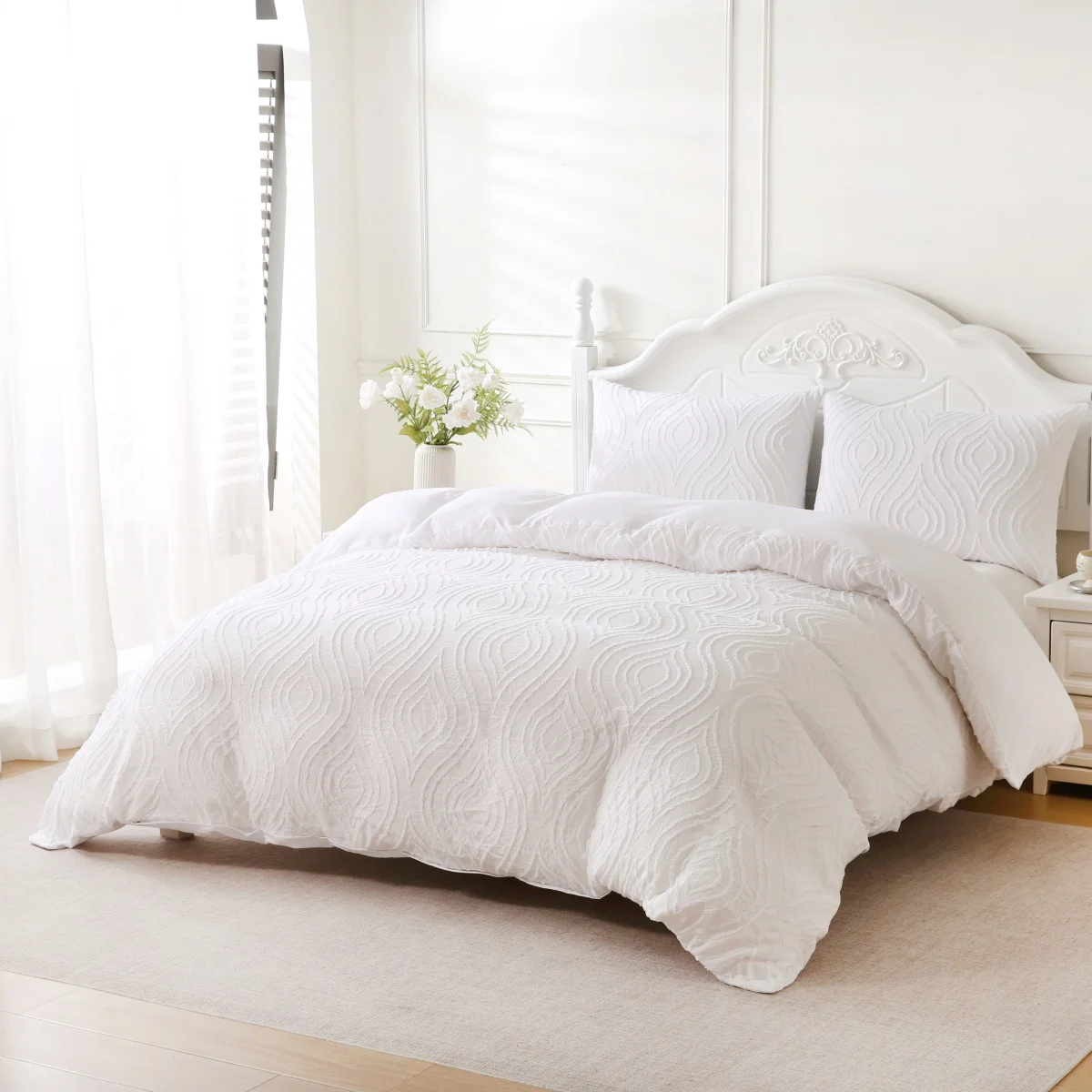 White Duvet Cover Twin Queen, 2/3 Pcs Tufted Jacquard Aesthetic Textured Bedding Set Shabby Chic Farmhouse Style Comforter Cover