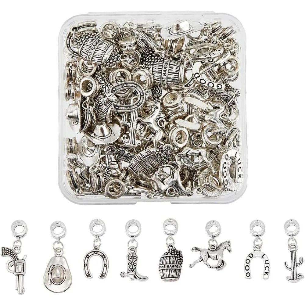 64Pcs 8 Styles Cowboy Theme Charms Horseshoes Horse Cactus Alloy Pendants Charms with Large Hole Antique Silver Dangle Charms