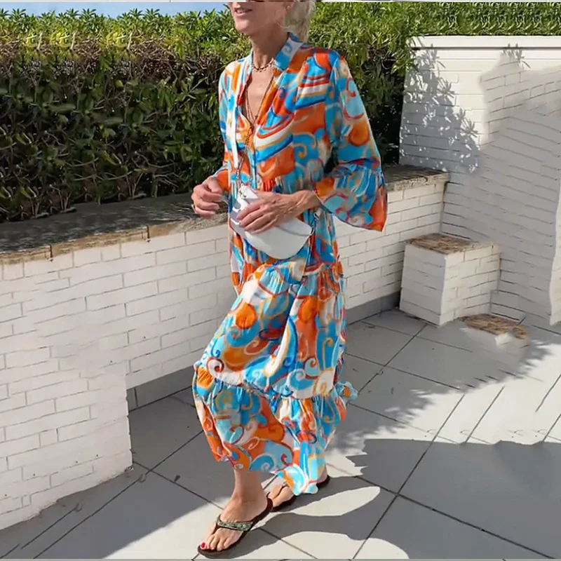 

Summer Women Leisure Vintage Boho Long Robe Autumn Flare Sleeve Beach Casual Dress Fashion Print V Neck Female Loose Shirt Dress