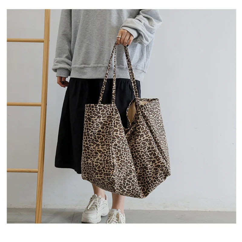 Large Capacity Leopard Print Tote Bag Canvas Handbag Female Women Fashion Casual Shopping Eco Friendly Shoulder Bag