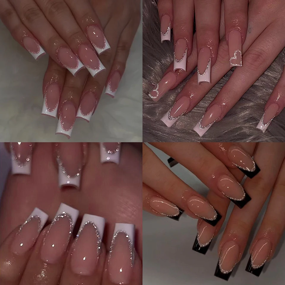 96 piezas (4 mezclas) de uñas postizas largas en forma de corazón, con brillantina, punta francesa blanca, estilo chic minimalista, reutilizables 2