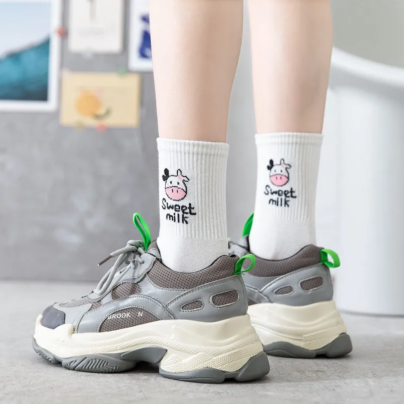 Cute Cow Print Socks for Women White Black Funny Cartoon Animals Sock Girls on Sale Fashion Casual Streetwear Skateboard