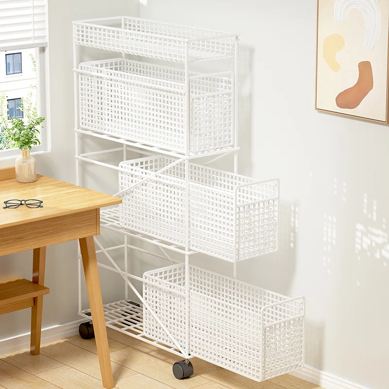 

Children's Movable Wrought Iron Simple Bookshelf Multiple Layers Storage Rack With Wheel Narrow Seam Storage