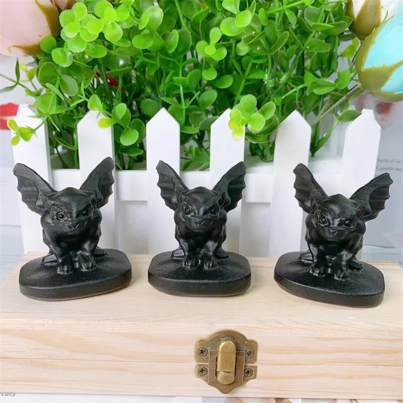 6.2cm Natural Black Obsidian Crystal Gargoyle Carving Polished Quartz Healing Stone Crafts Statue For Home DIY Decorations 1pcs